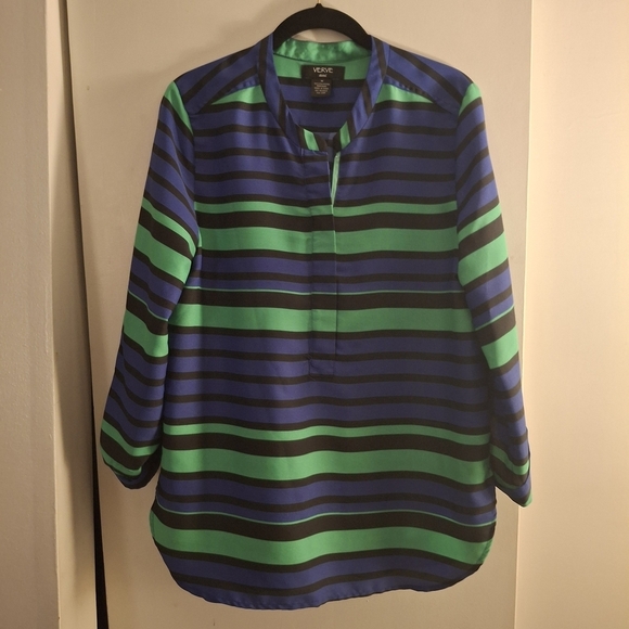 Verve Ami Tops - Verve Ami Women's Blue and Green Striped 3/4 Sleeve Blouse